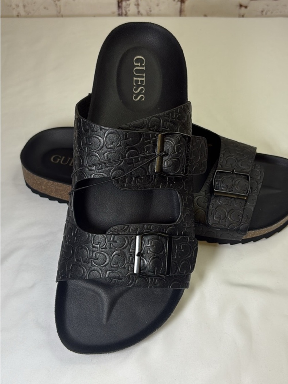 GUESS Black Embossed Logo Double-Buckle Slide Sandals